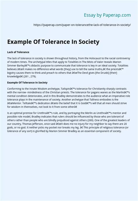 Example Of Tolerance In Society Free Essay Example