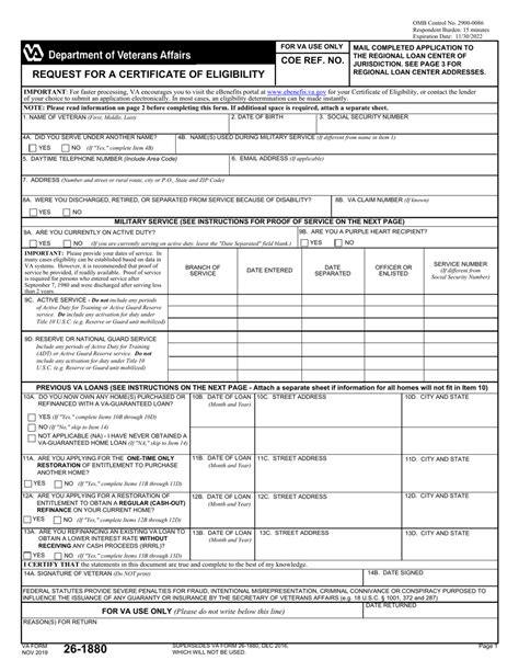 VA Form 26-1880 Download Fillable PDF or Fill Online Request for a Certificate of Eligibility ...