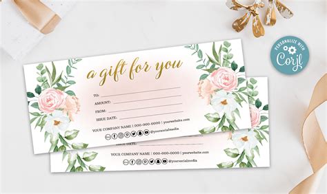 Floral Gift Certificate Template, Watercolor Floral Gift Voucher, Flowers Pink Gift Certificate ...