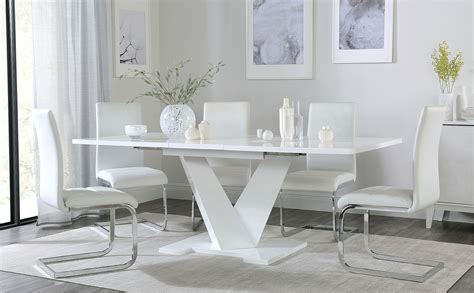 Turin White High Gloss Extending Dining Table with 6 Perth White Leather Chairs | Furniture Choice