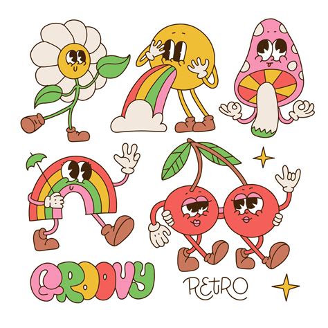 Fun groovy retro clipart characters set. 70s, 80s, 90s vintage cartoon ...