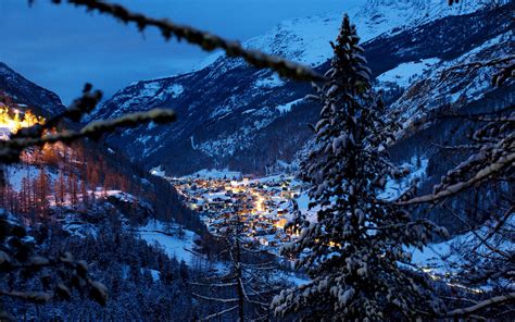 Switzerland, Alps, mountains, winter, snow, night, trees, houses ...