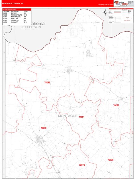 Montague County, TX Zip Code Wall Map Red Line Style by MarketMAPS ...