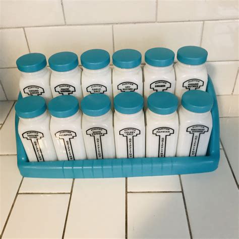 Vintage 1950's Milk Glass Spice Jars spices Rack with 12 Large Griffiith's Aqua blue lids & rack ...