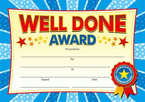 a well done award certificate with stars on the blue and yellow ...