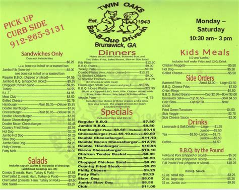 Twin Oaks Bbq menu in Brunswick, Georgia, USA