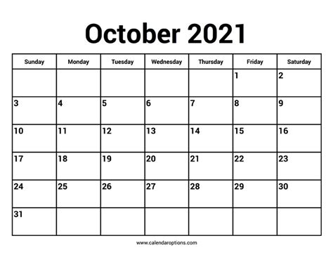 October 2021 Calendar – Calendar Options