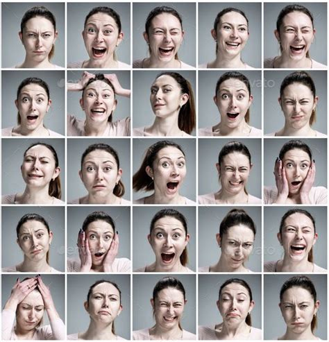 many different images of a woman making funny faces with her hands on her head and eyes open