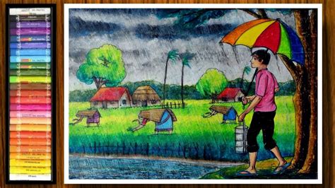 Easy Rainy Season Drawing | Rainy Day Drawing | Easy Monsoon Village ...