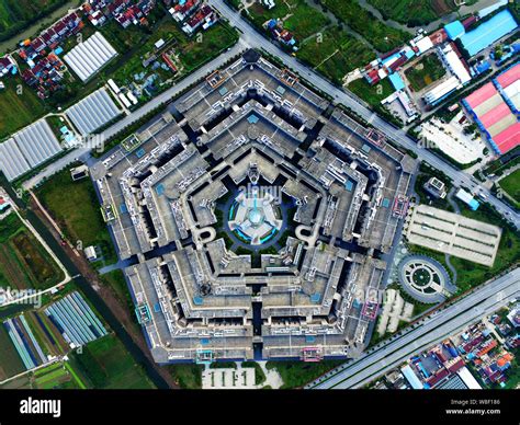 Aerial view of the Pentagon-like building complex in Shanghai, China, 7 ...