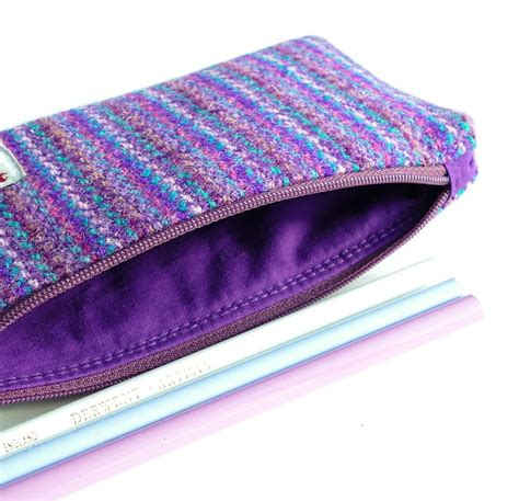 Purple pencil case padded pouch striped HARRIS TWEED