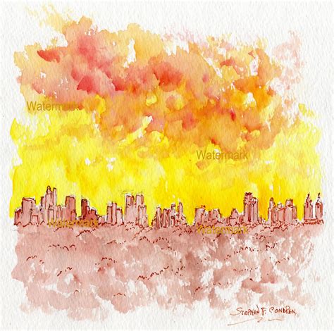 Impressionist Watercolor Painting Of Manhattan Island At Sunset - Condren Galleries Ltd.