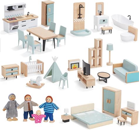 Amazon.com: 36pcs Wooden Dollhouse Furniture Set 5 Rooms with 4 Family Dolls, Wood and Plastic ...