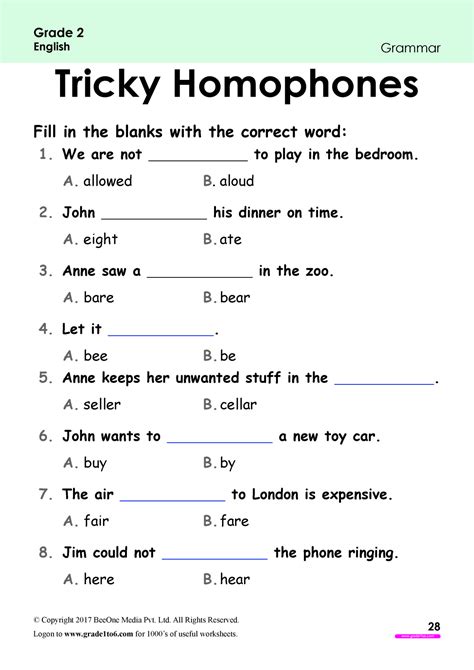 Homophone Worksheets Grade 3