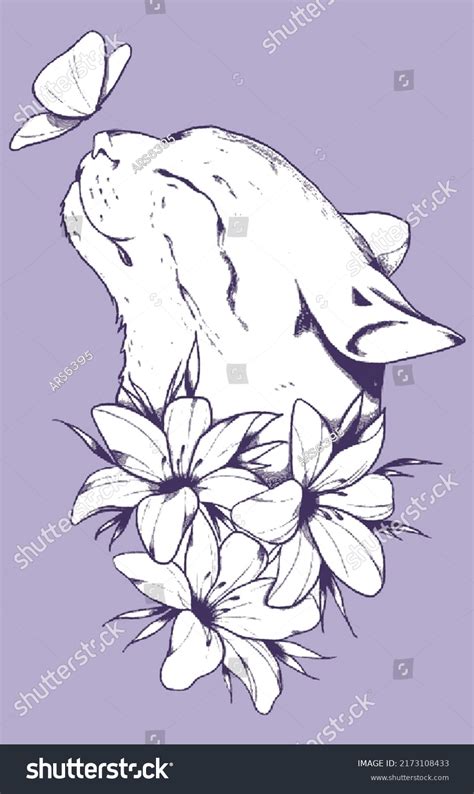 Hand Drawn Portrait Cat Flowers Drawing Stock Vector (Royalty Free ...