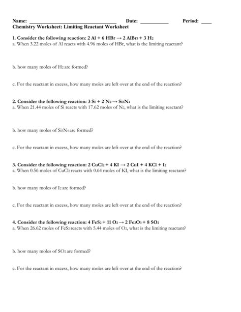 Limiting Reactant Practice Problems Worksheets