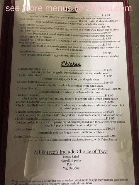 Menu at Graziano's restaurant, Beaver Meadows