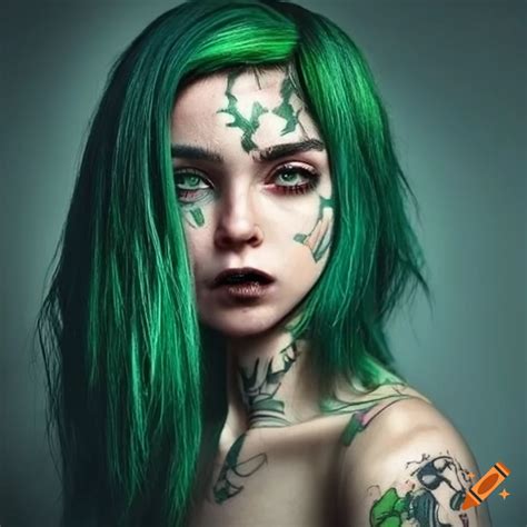 Woman with dark green hair, face tattoo, and big eyes under right side light source on Craiyon