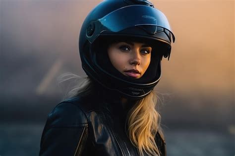 Biker girl in a helmet on a motorcycle Generative AI | Premium AI ...