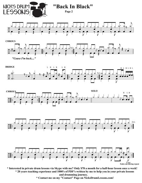 “Back In Black” AC/DC – Drum Sheet Music - Nicks Drum Lessons