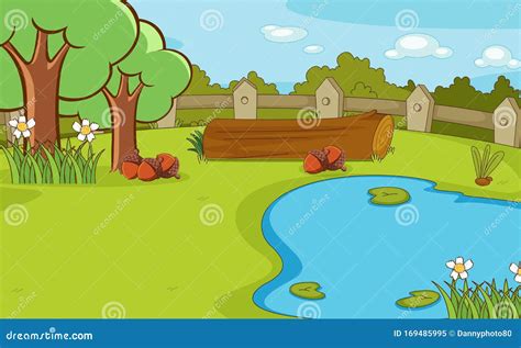 Background Scene with Trees and Pond Stock Vector - Illustration of environment, cartoon: 169485995