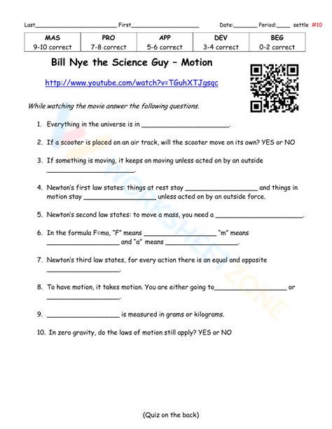 Free Printable Bill Nye Motion Worksheets for Students