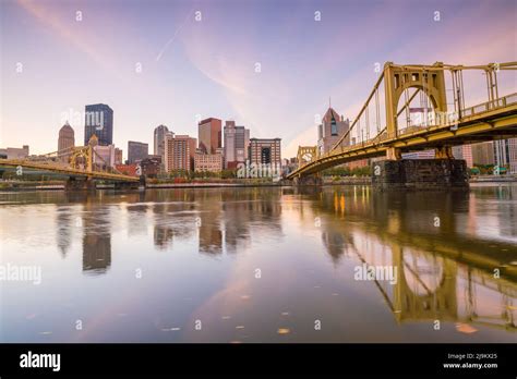 Panorama of downtown Pittsburgh skyline at twilight Stock Photo - Alamy