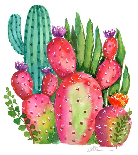 Original watercolor bright Cactus garden no. 2 | ellencrimitrent | Cactus flower painting ...