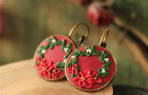 poinsettia earrings polymer clay christmas earrings - My Vian