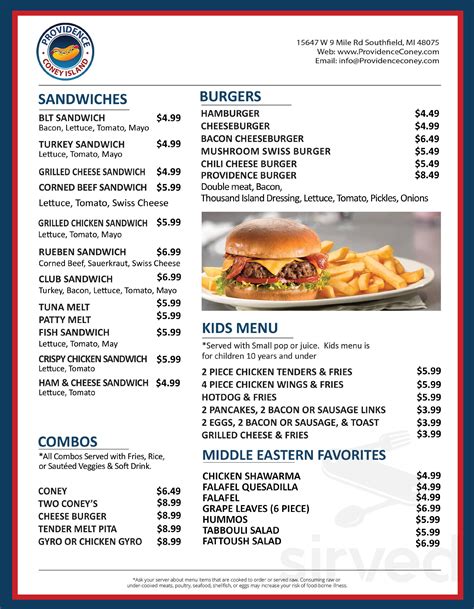 Providence Coney island menu in Southfield, Michigan, USA