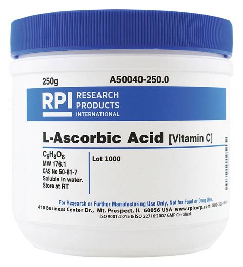 RPI L-Ascorbic Acid (Vitamin C): 250 g Container Size, Powder - 31FW39|A50040-250.0 - Grainger