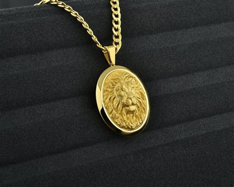 Personalized Solid Gold Mens Lion Necklace 18K Gold Oval Lion | Etsy