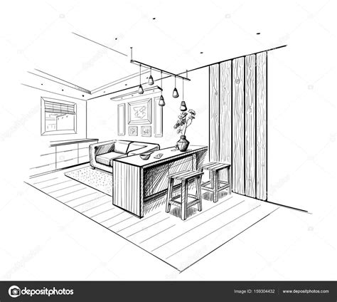Interior sketch of modern kitchen with island. — Stock Vector © AVD_88 #159304432