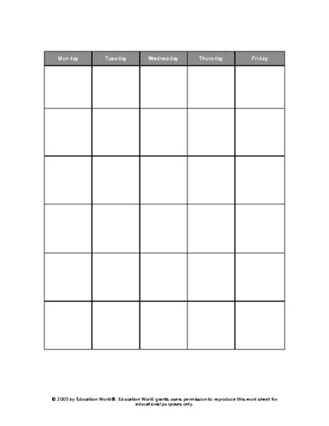 Five Day Calendar Grid Template | Education World