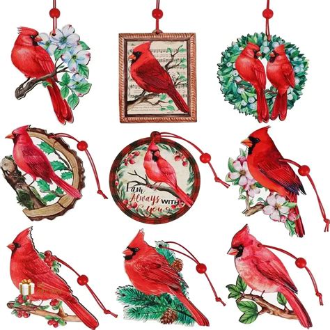 9pieces Red Cardinal Christmas Ornaments Wooden Cardinals Birds Christ ...