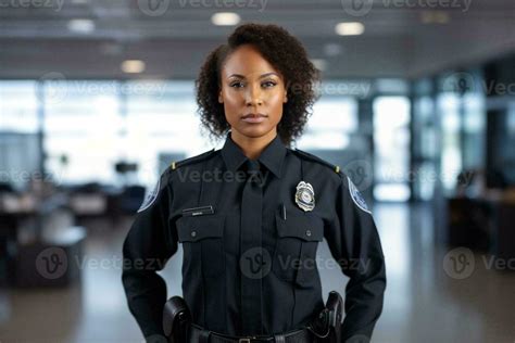 Portrait of confident black american woman police officer standing in ...