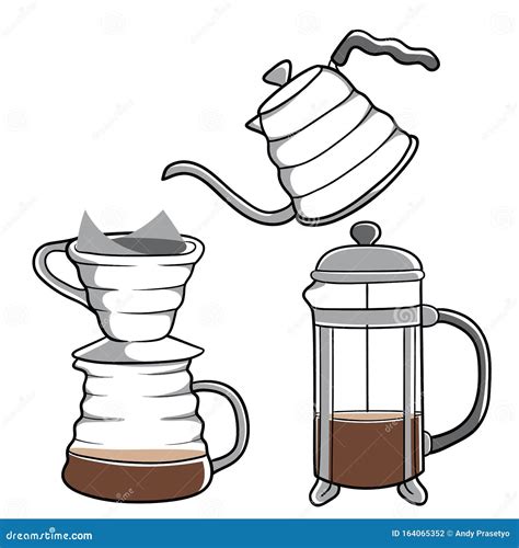 Coffee Brewing Methods Using Pour Over Coffee Press Alternative Cartoon ...