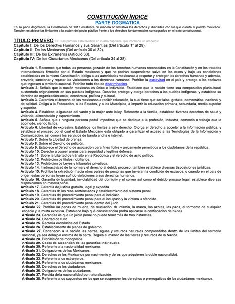 Constitución Índice - Lecture notes 1-5 - CONSTITUCIÓN ÍNDICE PARTE DOGMATICA En su parte ...