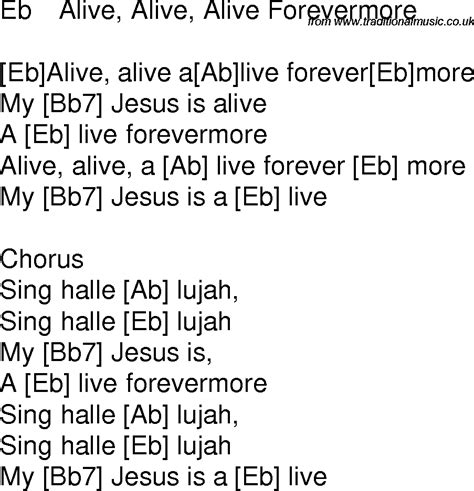 Old time song lyrics with guitar chords for Alive, Alive, Alive Forevermore Eb