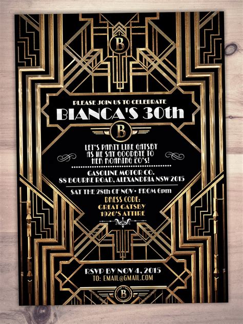 Great Gatsby birthday invitation, Roaring 20's, Hollywood film theme party invite. Black and ...