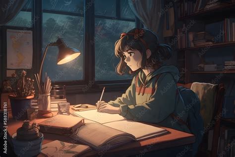 Cool Lofi Girl studying at her desk. Rainy or cloudy outside, beautiful ...