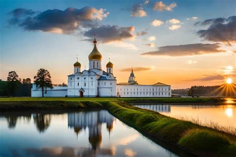 Premium Photo | A church with a sunset behind it