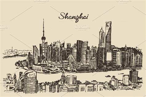 Shanghai City skyline (China) ~ Illustrations ~ Creative Market