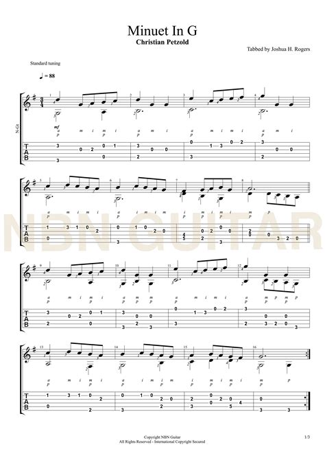 Minuet in G - Free Classical Guitar Tabs — NBN Guitar