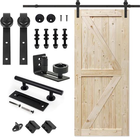 36 in.x80 in. Unfinished British Brace Knotty Barn Door with 6.6 FT Sliding Door Hardware Kit ...