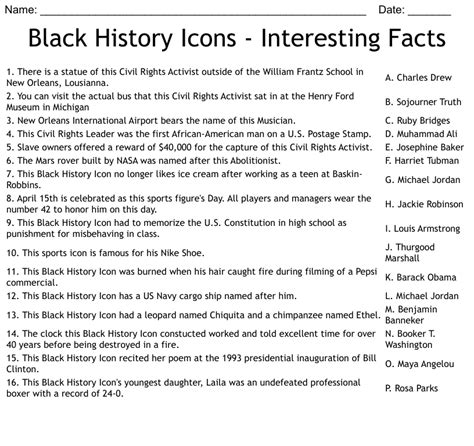 Black History Icons - Interesting Facts Worksheet - WordMint