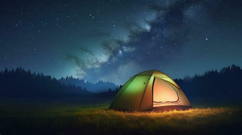 Camping tent in the forest at night with starry sky and milky way ...