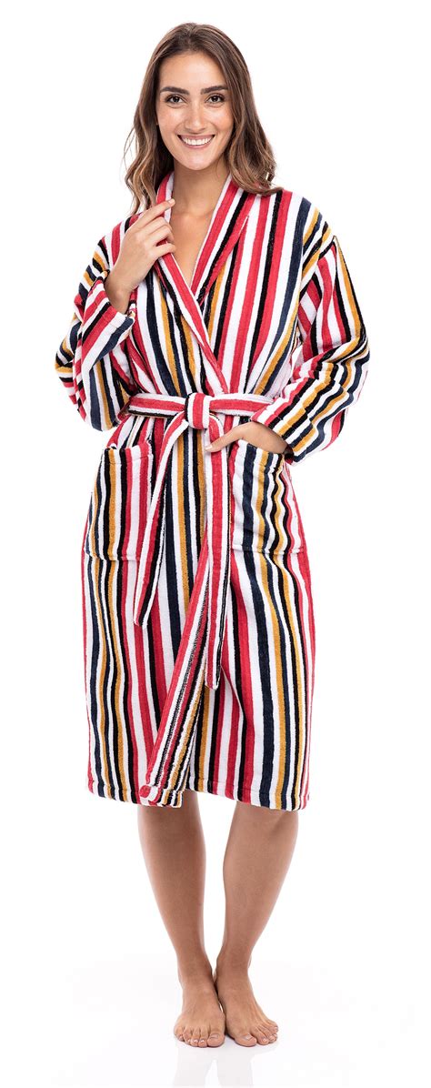 Skylinewears - Women's Luxury Terry Cotton Bathrobe Spa Robe Bath Robes Shawl Collar Stripe Red ...