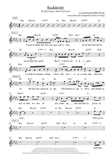 Suddenly (arr. Joeri de Graaf) by Billy Ocean Sheet Music for Lead ...