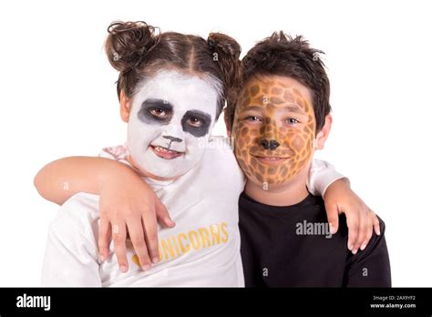 Children with animal face-paint isolated in white Stock Photo - Alamy